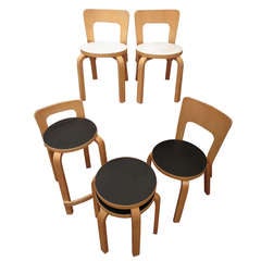 Set of Four Chairs and Two Stools by Alvar Alto for Artex