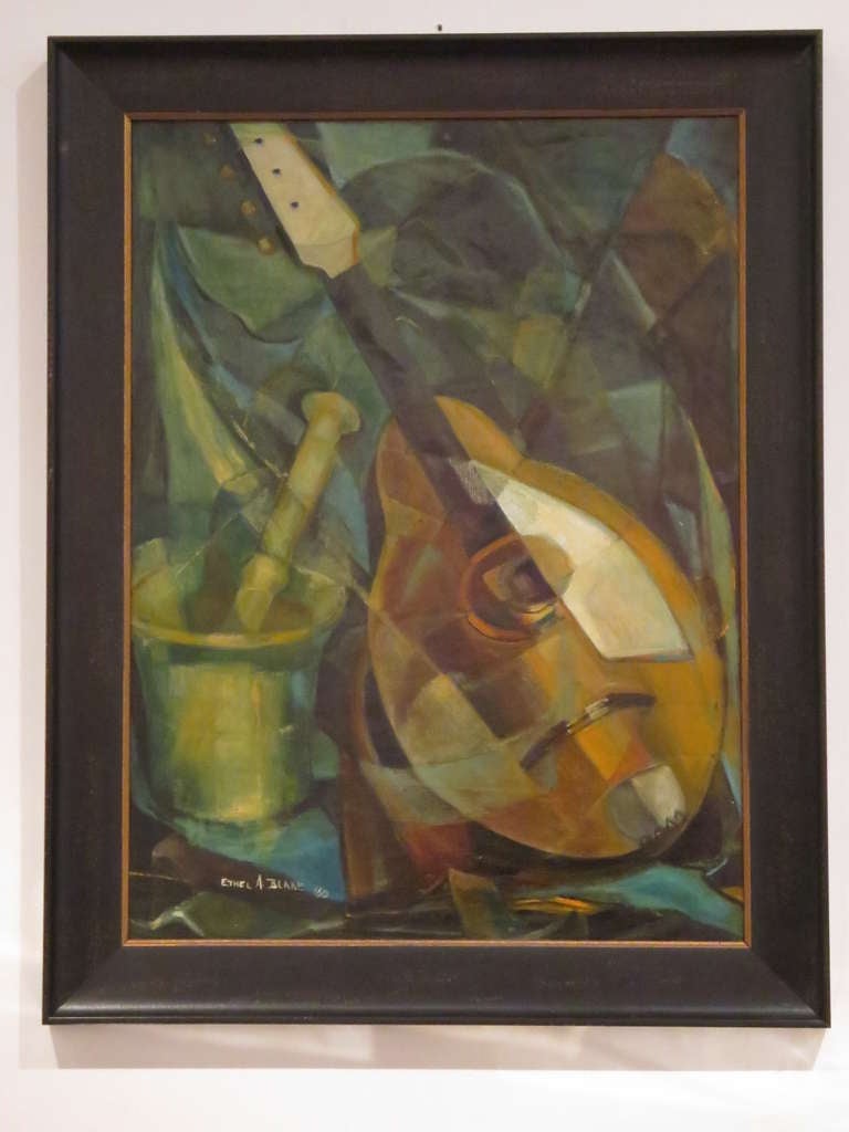 Newly framed still life painting by Ethel A. Blake and dated 1960.  Very evocative of that time period in decorative painting.
Ethel  A. Blake was at that time the Director of Coconut Grove Playhouse Gallery.  The Playhouse was then one of the