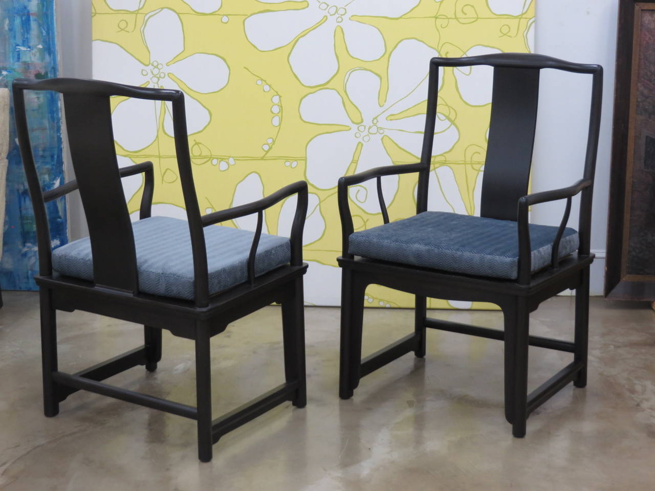 Pair of 1950s baker armchairs, recently refinished and reupholstered. Can be used for dining, office or as occasional chairs. Fine construction and design.