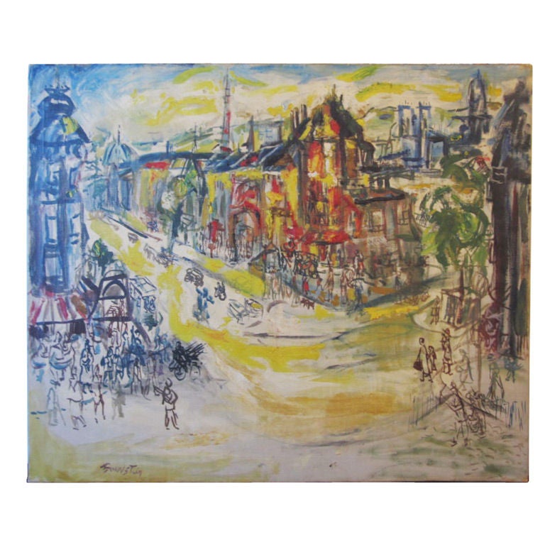 Oil on canvas of a Paris street scene by noted American painter Theresa Bernstein.  A superb colorist and dynamic draftsman, her work is in the permanent collections of the Chicago Art Institute, Brooklyn Museum, Whitney Museum of American Art,