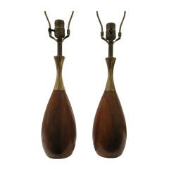 Pair of Brass and Walnut Lamps by Laurel