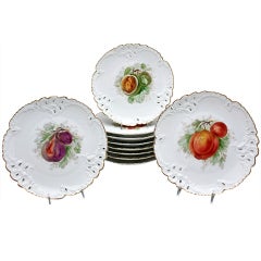 Used Ten Nymphenburg Hand-Painted Fruit Plates with Molded and Pierced Borders