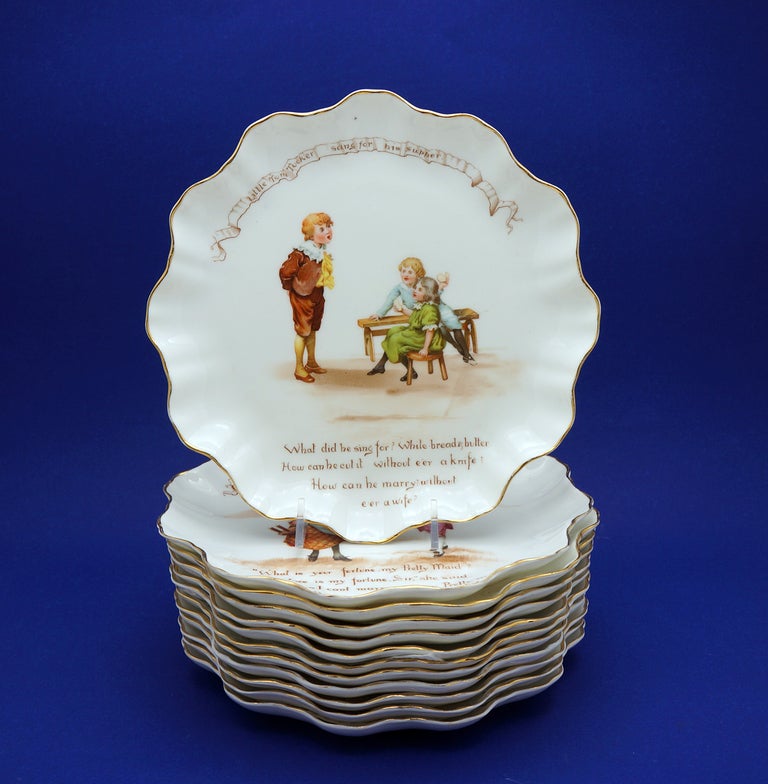 A most charming set of 12 Royal Doulton dessert plates each one depicting the classic and favorite nursery rhymes from our childhood, deeply ingrained in our memory. Perfect for display or use, they are wonderful conversation pieces and all of the