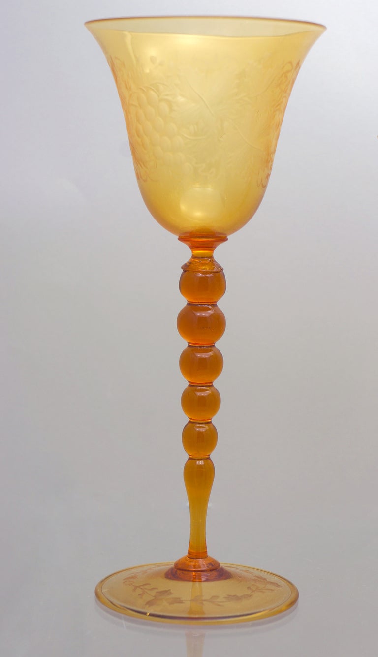 Italian Set of 16 Handblown Venetian Amber Goblets with Engraving For Sale