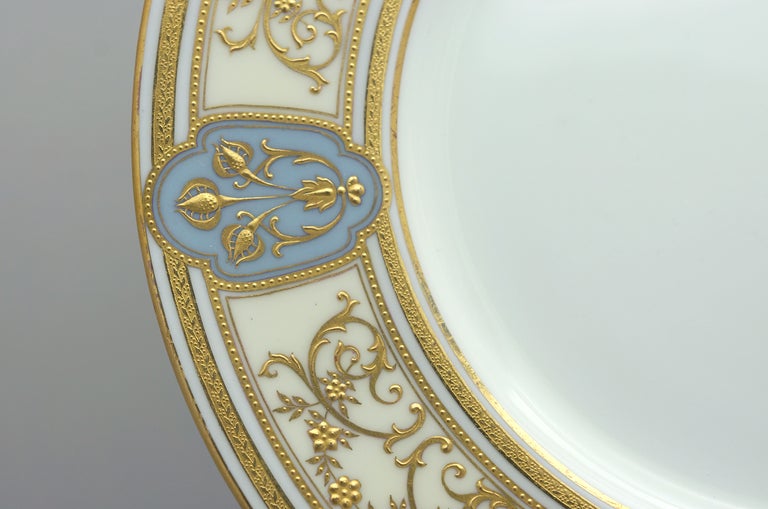 British Set Of 12 Minton Art Nouveau Dinner Plates W/ Raised Gold on Gray