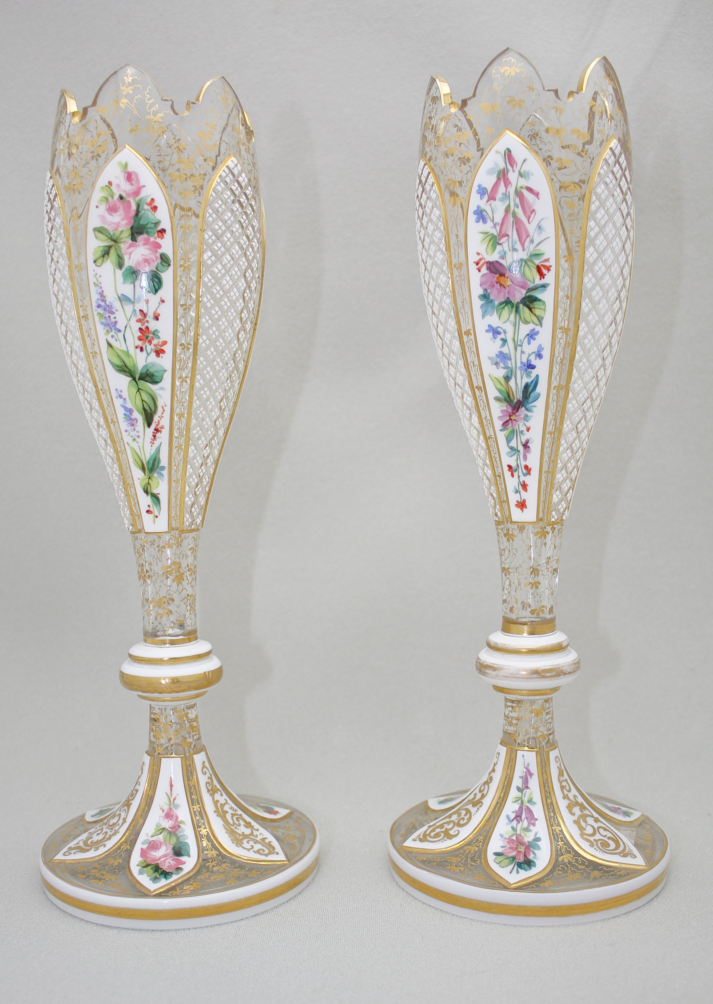 Pair of 19th C. Bohemian/Moser Overlay cut To Clear Vases