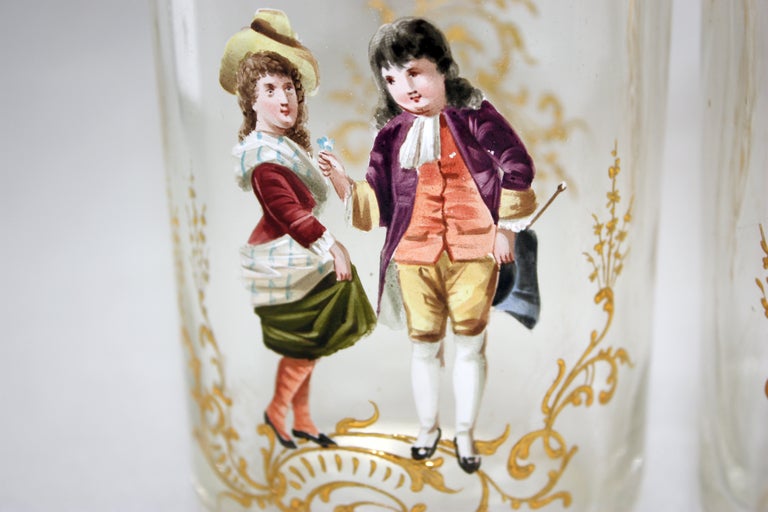 19th Century Bohemian Crystal Dresser Bottles, Pair with Hand-Painted Enamel Figures and Gold