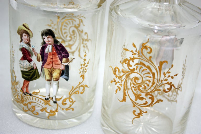 Bohemian Crystal Dresser Bottles, Pair with Hand-Painted Enamel Figures and Gold 2