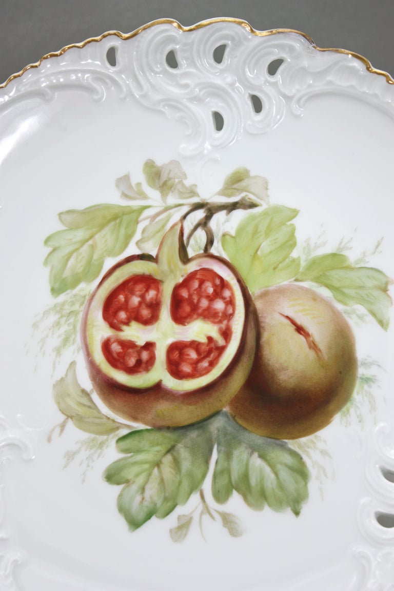 20th Century Ten Nymphenburg Hand-Painted Fruit Plates with Molded and Pierced Borders