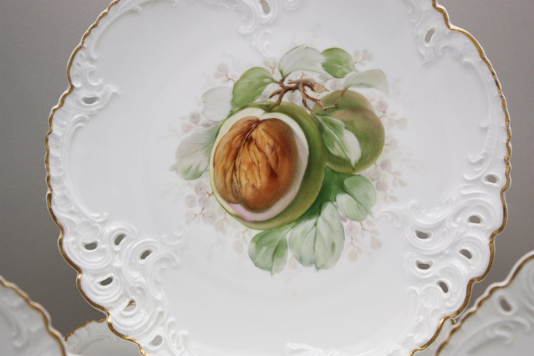 Ten Nymphenburg Hand-Painted Fruit Plates with Molded and Pierced Borders 4
