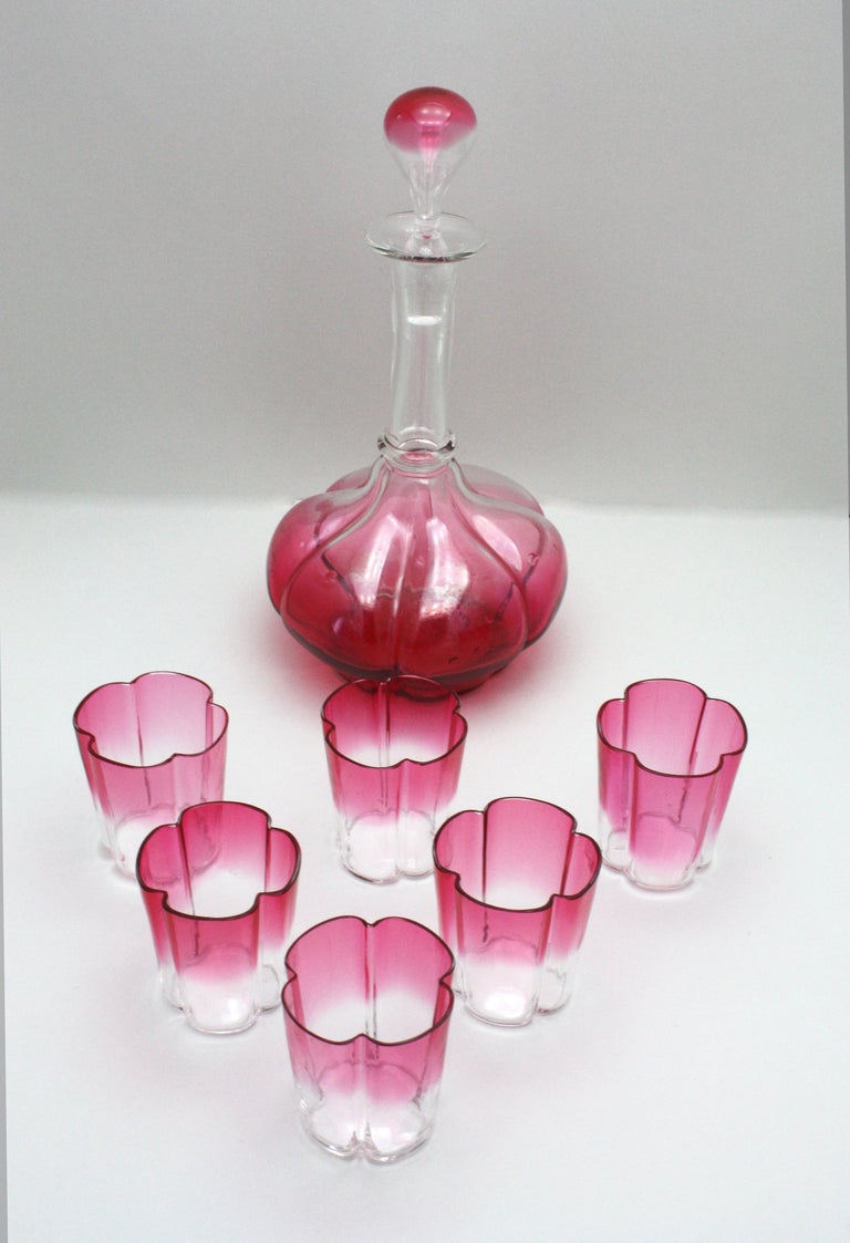 Art Nouveau Lobmeyr 7 Piece Lobed Rose Shaded to Clear Crystal Cordial Set For Sale
