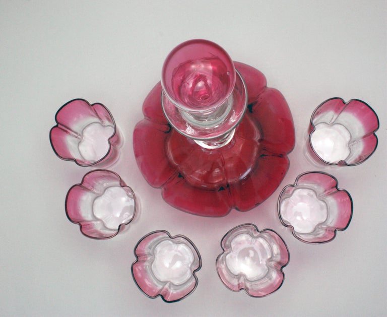 Lobmeyr 7 Piece Lobed Rose Shaded to Clear Crystal Cordial Set In Excellent Condition For Sale In Great Barrington, MA
