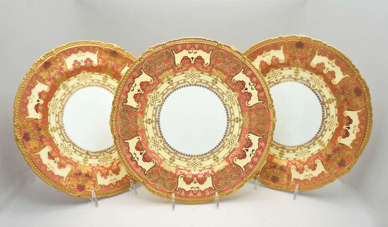 Set of 12 Royal Crown Derby Salmon & Raised Paste Gold Plates