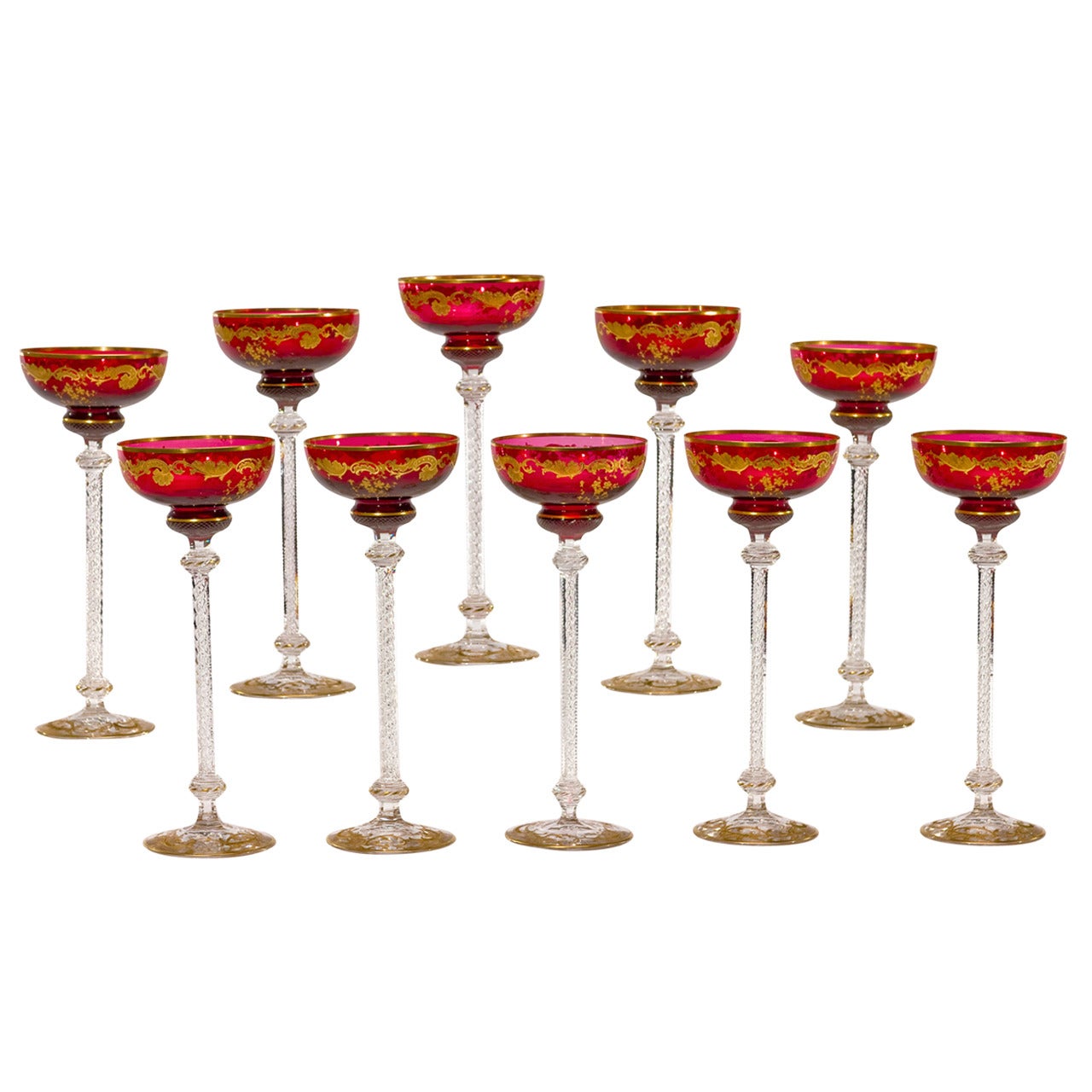 Set of Ten St. Louis Air Twist Cranberry Toasting or Champagne Goblets