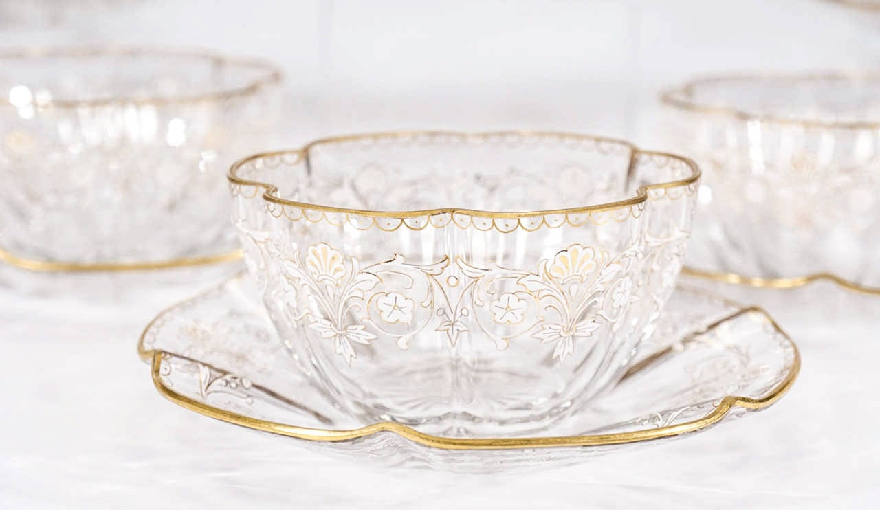 Late 19th Century Twelve Moser Handblown, Quatrefoil Gold and White Enamel Bowls with Under Plates