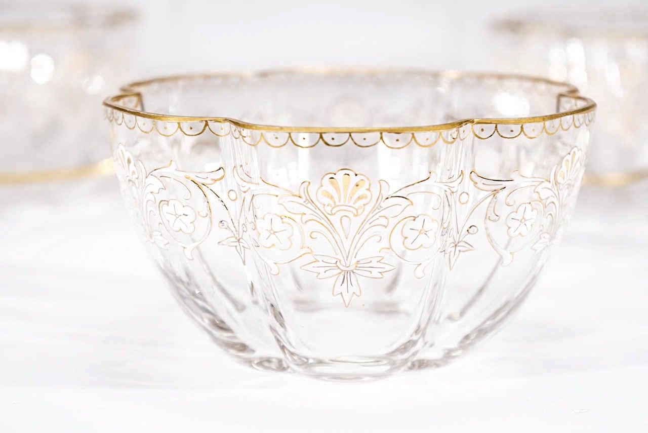 Art Nouveau Twelve Moser Handblown, Quatrefoil Gold and White Enamel Bowls with Under Plates