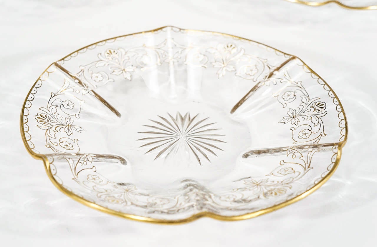 Czech Twelve Moser Handblown, Quatrefoil Gold and White Enamel Bowls with Under Plates