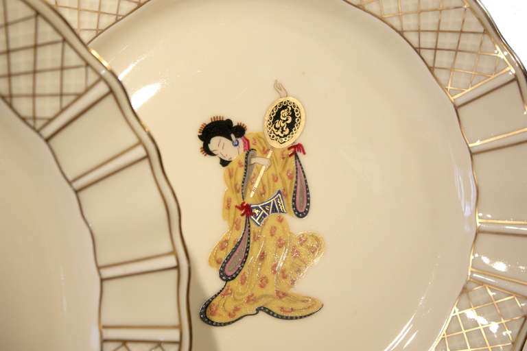 French Set of 12 Hand Decorated Limoges Dessert Plates with Japanese Subjects