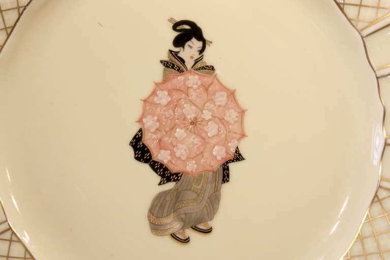 Set of 12 Hand Decorated Limoges Dessert Plates with Japanese Subjects 1