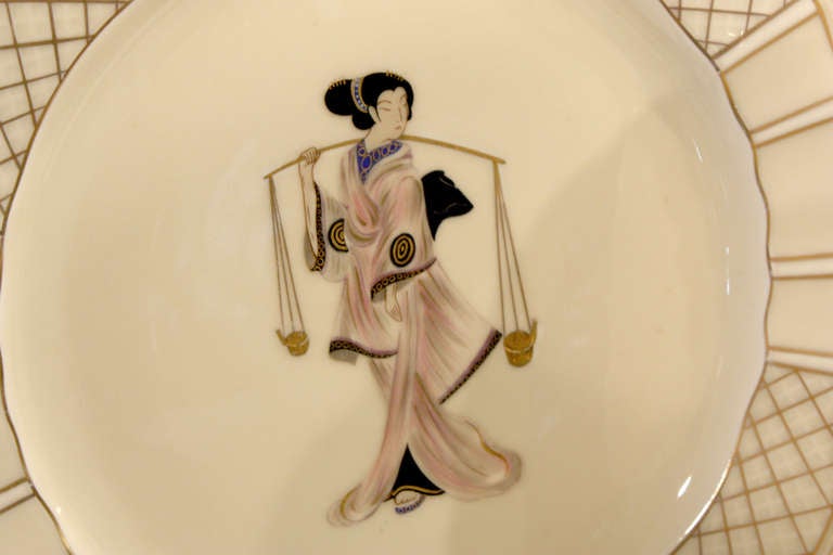 Set of 12 Hand Decorated Limoges Dessert Plates with Japanese Subjects 2