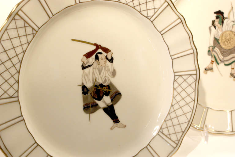 Set of 12 Hand Decorated Limoges Dessert Plates with Japanese Subjects In Excellent Condition In Great Barrington, MA