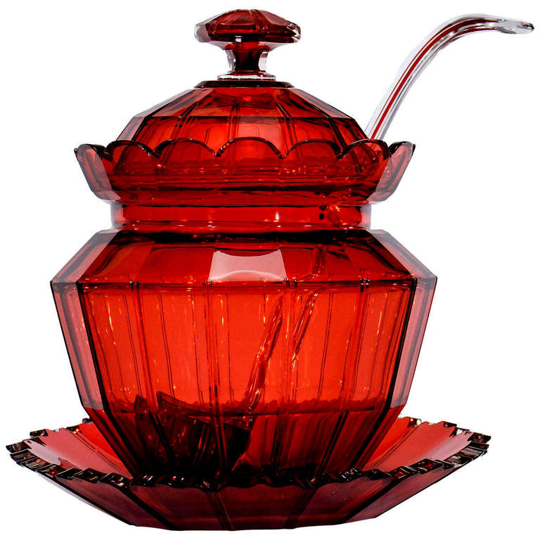 Hand Blown 19th Century Cranberry Crystal Covered Punchbowl on Stand with Matching Ladle For Sale