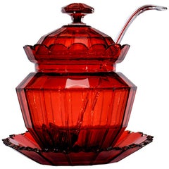 Antique Hand Blown 19th Century Cranberry Crystal Covered Punchbowl on Stand with Matching Ladle