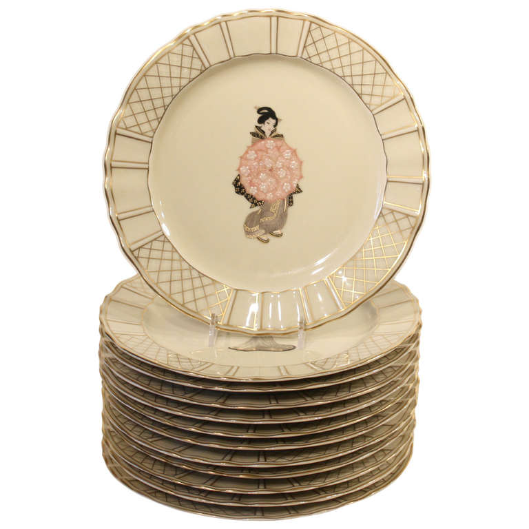 Set of 12 Hand Decorated Limoges Dessert Plates with Japanese Subjects