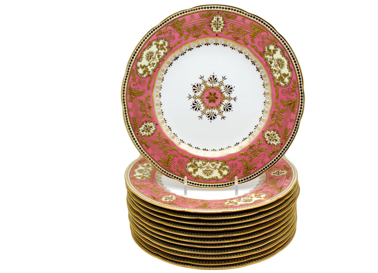 Set of 12 Spode for Tiffany Raised Gold and Pink Rose Du Barry Dessert