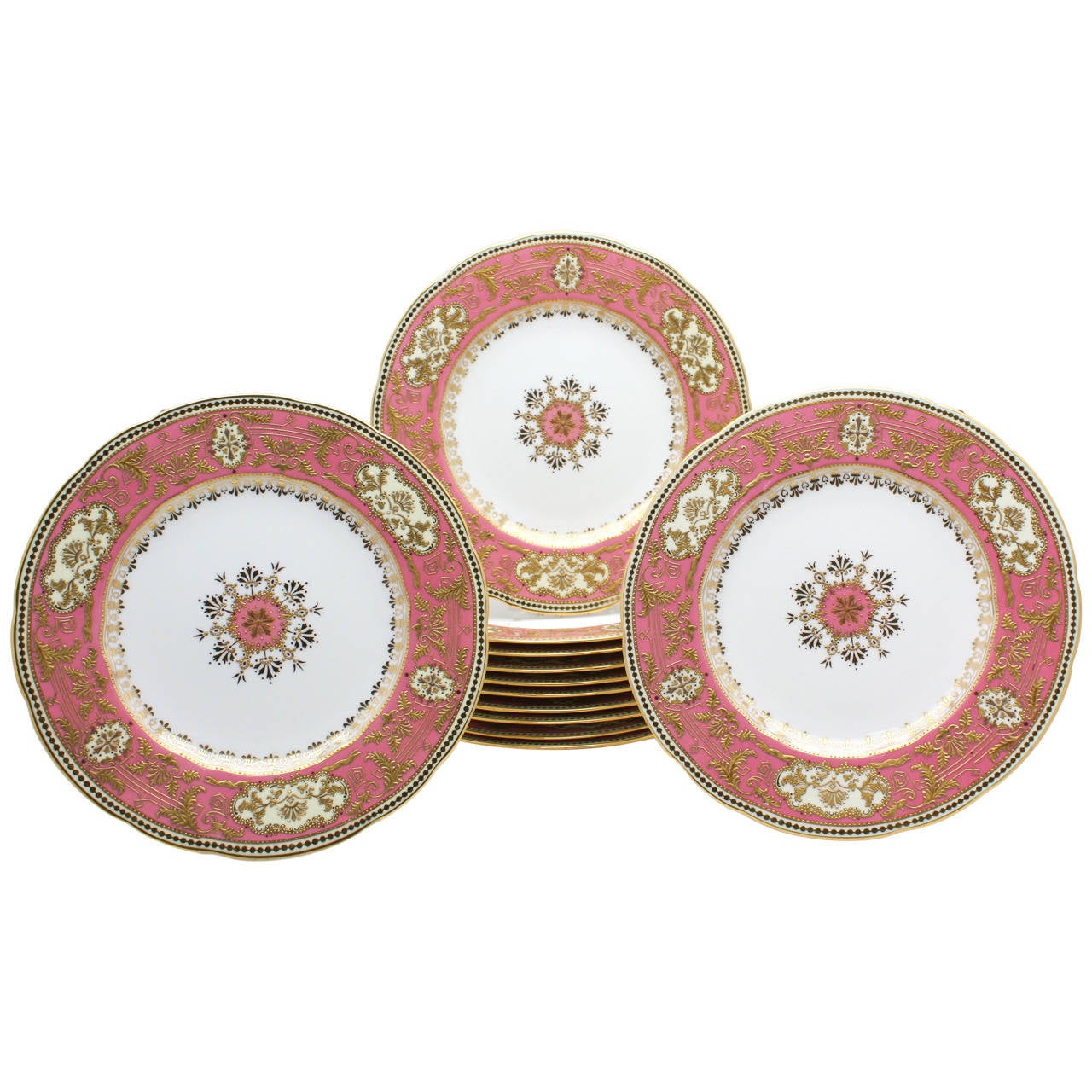 Set of 12 Spode for Tiffany Raised Gold and Pink Rose Du Barry Dessert