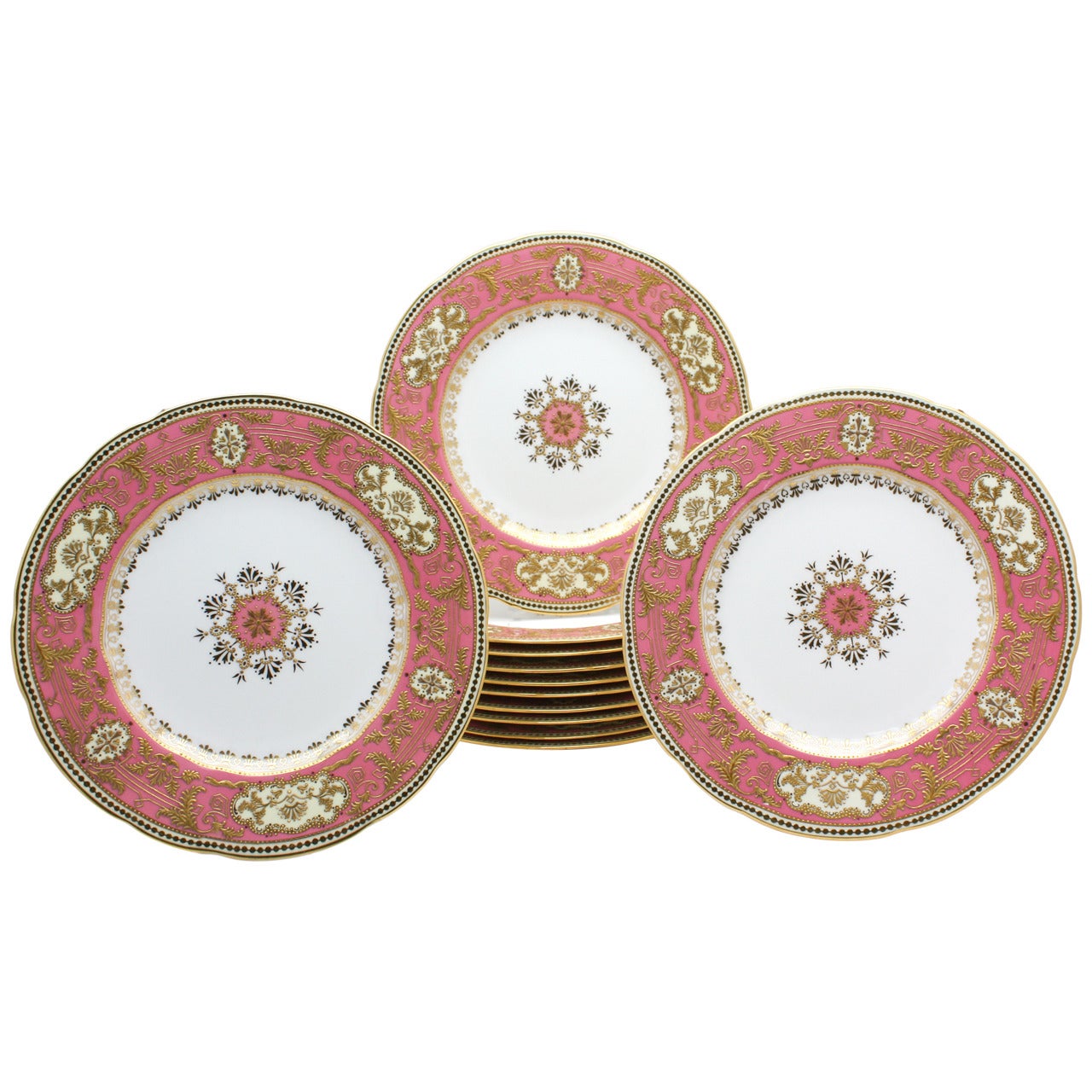 Set of 12 Spode for Tiffany Raised Gold and Pink Rose Du Barry Dessert Plates
