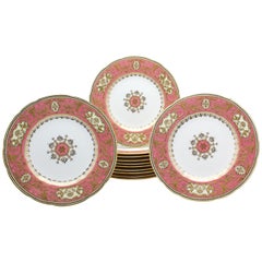 Antique Set of 12 Spode for Tiffany Raised Gold and Pink Rose Du Barry Dessert Plates