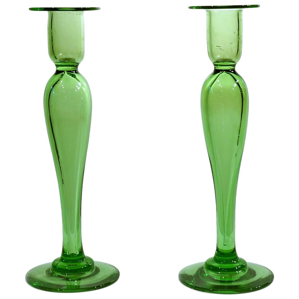 Pair of Hand Blown Crystal Apple Green Candlesticks by Pairpoint