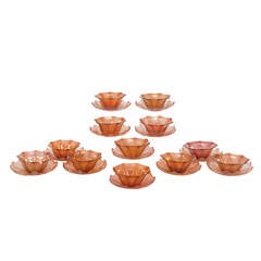 Antique Set of 12 Loetz Style, Bohemian Art Glass Dessert Bowls and Under Plates