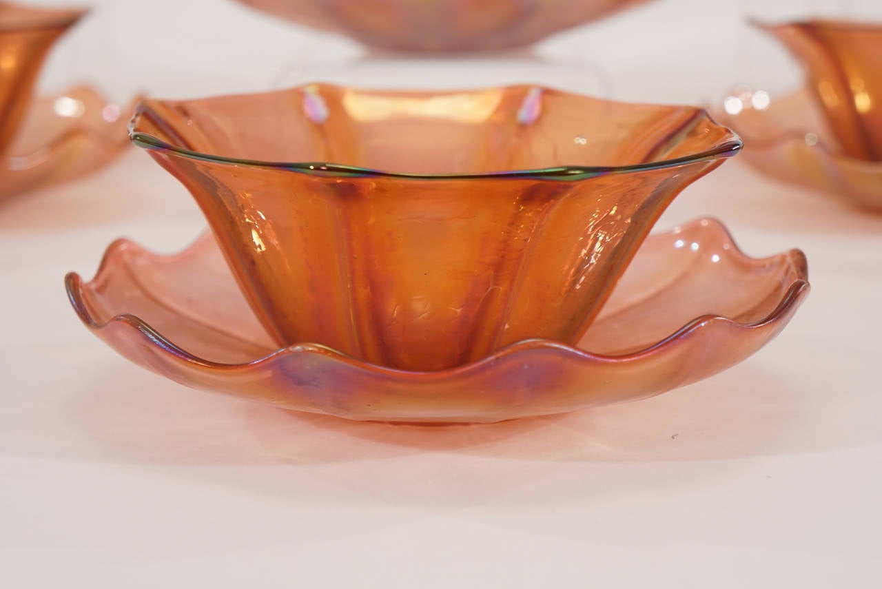 German Set of 12 Loetz Style, Bohemian Art Glass Dessert Bowls and Under Plates