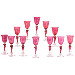 Set of 12 Venetian Handblown Tall Cranberry Water Goblets