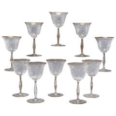 Antique 12 Handblown Crystal Mousseline Goblets Wines with Intaglio Cut Decoration
