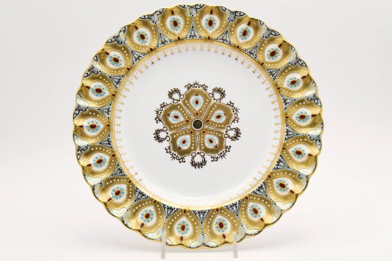 Gilt Rare Set of 12 Gold Spode Copelands Jeweled Dinner Plates Aesthetic Movement