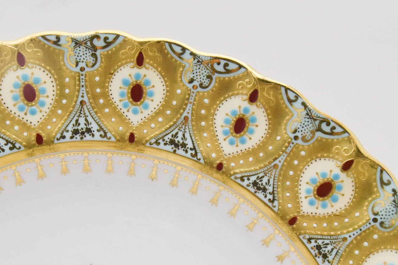 Porcelain Rare Set of 12 Gold Spode Copelands Jeweled Dinner Plates Aesthetic Movement