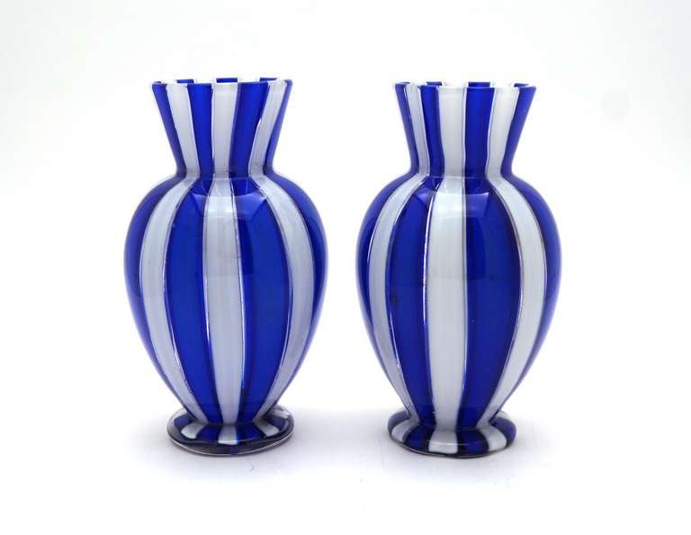 Pair of Hand Blown French Diminutive Latticino Vases