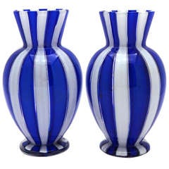 Pair of Hand Blown French Diminutive Latticino Vases