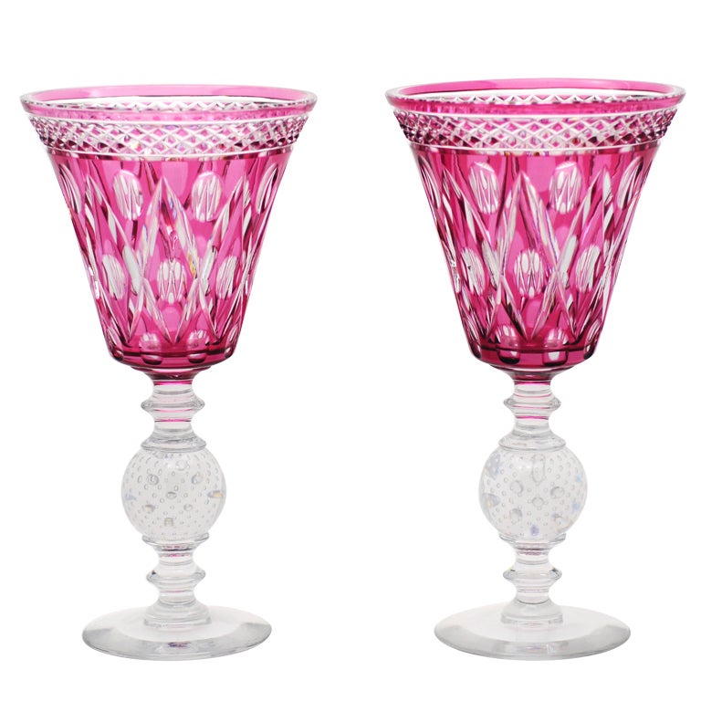 Pair of Pairpoint Cranberry Overlay Cut to Clear Vases