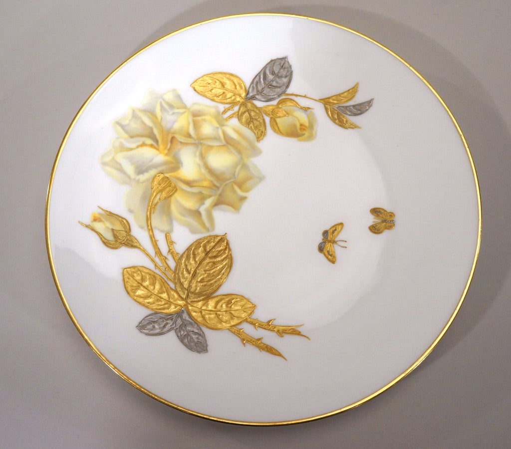 English 12 Minton 19th C. Hand Painted Rose Plates With Gold