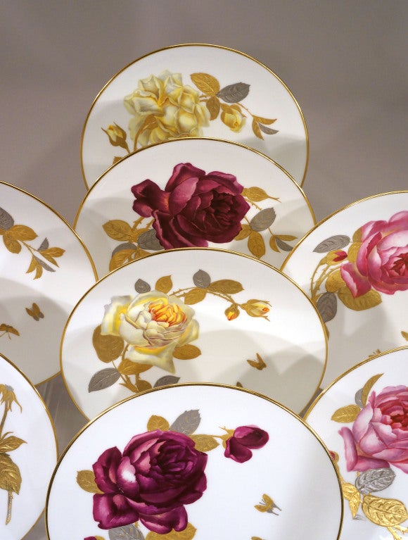 19th Century 12 Minton 19th C. Hand Painted Rose Plates With Gold