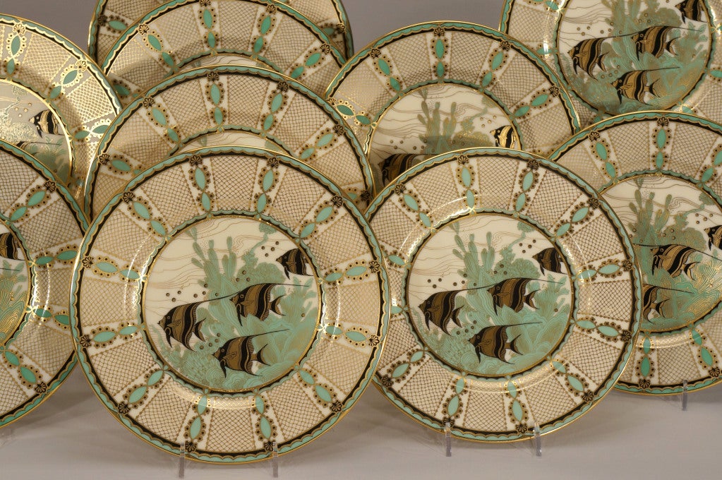 American Set of 12 Art Deco Lenox Fish Plates-Angelfish