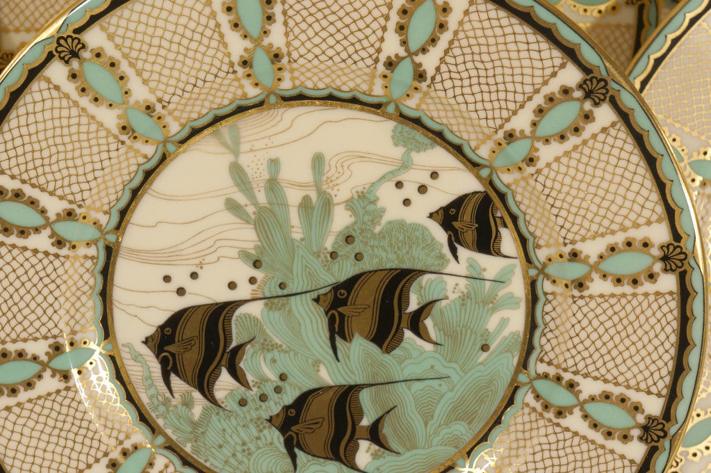 Porcelain Set of 12 Art Deco Lenox Fish Plates-Angelfish