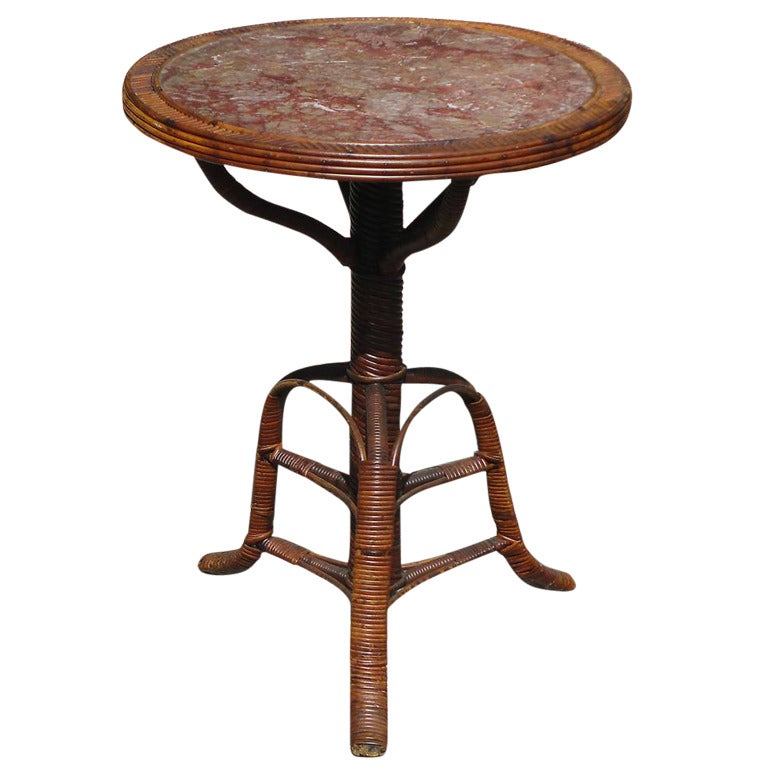 Rare Early Rattan Pedestal Marble-Top Table For Sale