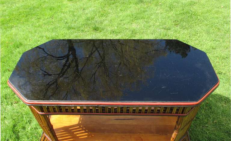 Stick Wicker Console Table with Black Glass Table Top 2