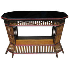 Antique Stick Wicker Console Table with Black Glass Table Top