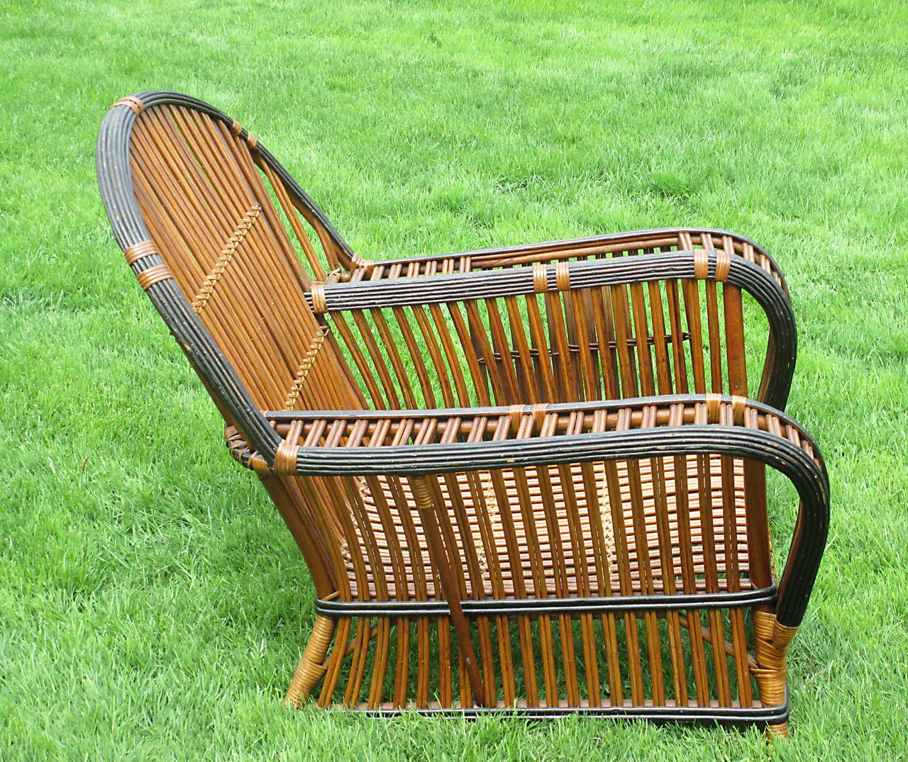 Stick Wicker Armchair and Ottoman In Excellent Condition In Sheffield, MA